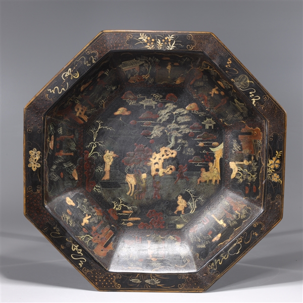 Appraisal: Chinese lacquer imitating porcelain charger with octagonal rim gilt detail