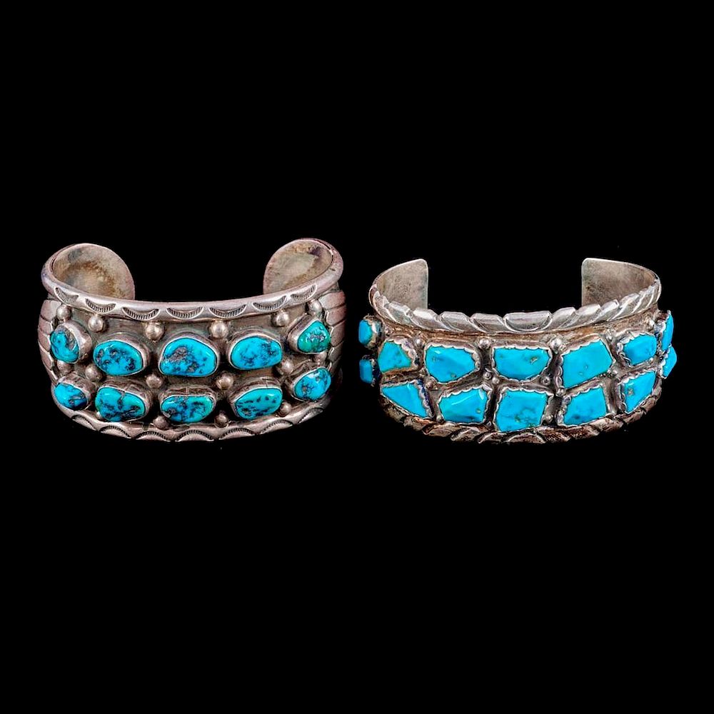 Appraisal: NAVAJO CUFF BRACELETS Two old pawn turquoise and silver cuff