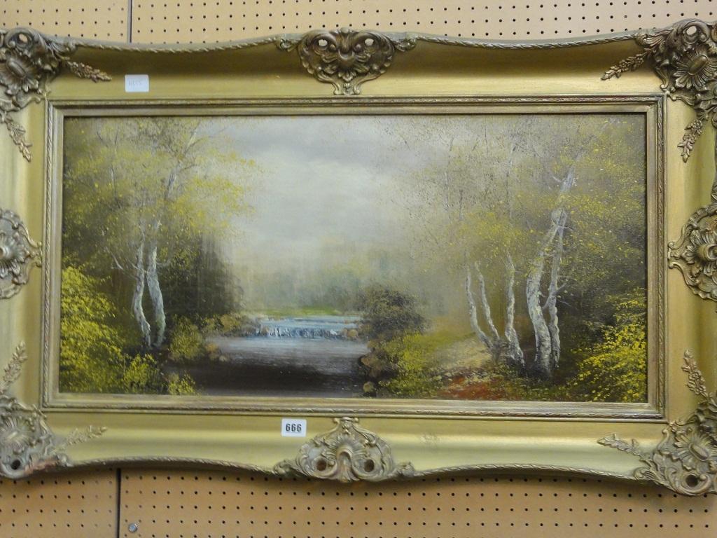 Appraisal: An oil painting on canvas of a woodland scene with