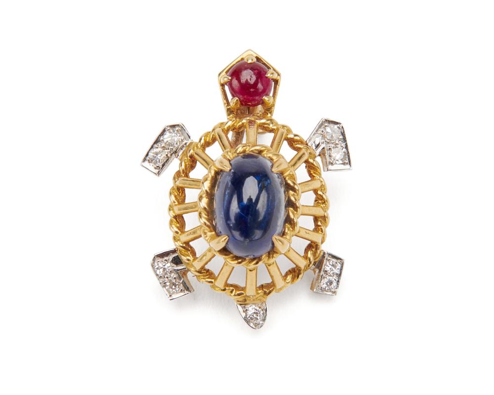 Appraisal: CARTIER K Gold Sapphire Diamond and Ruby Turtle Pendant the