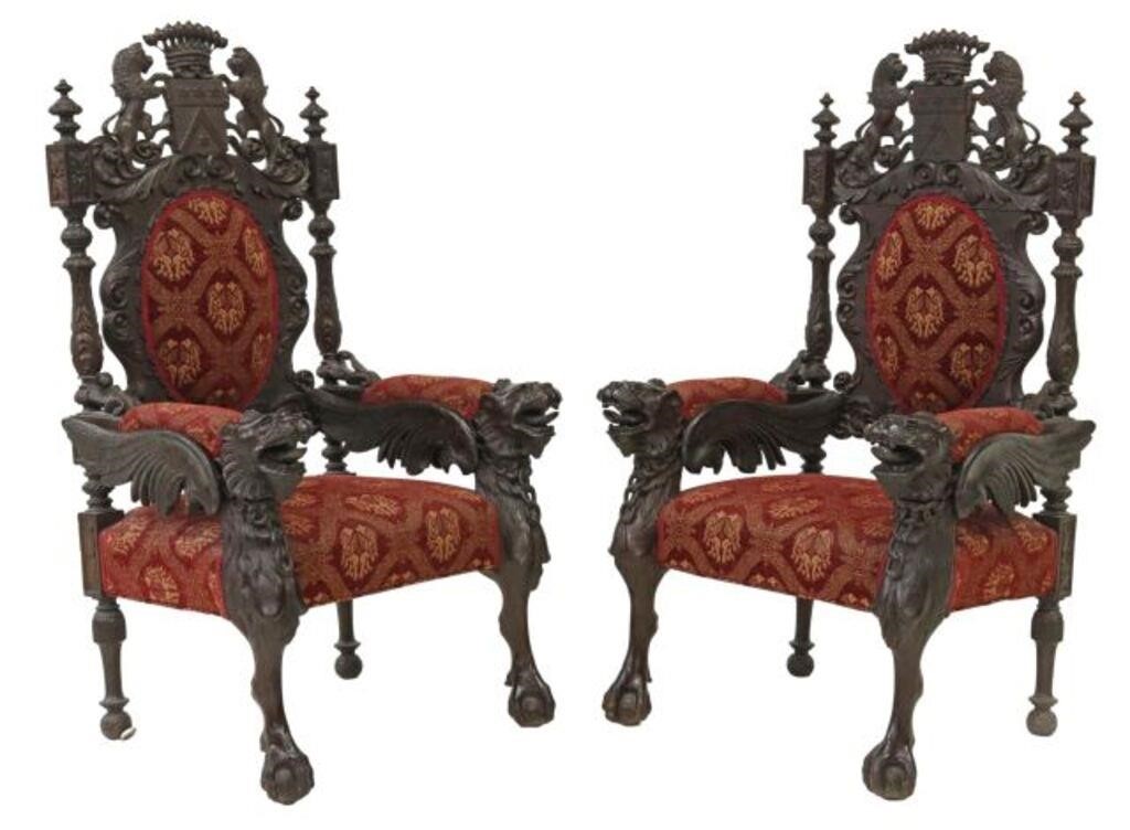 Appraisal: pair Renaissance Revival armchairs early th c rampant lion crest