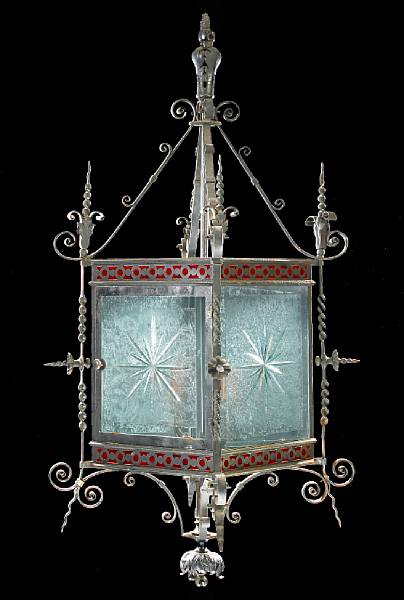 Appraisal: A Renaissance style iron and etched glass lantern late th