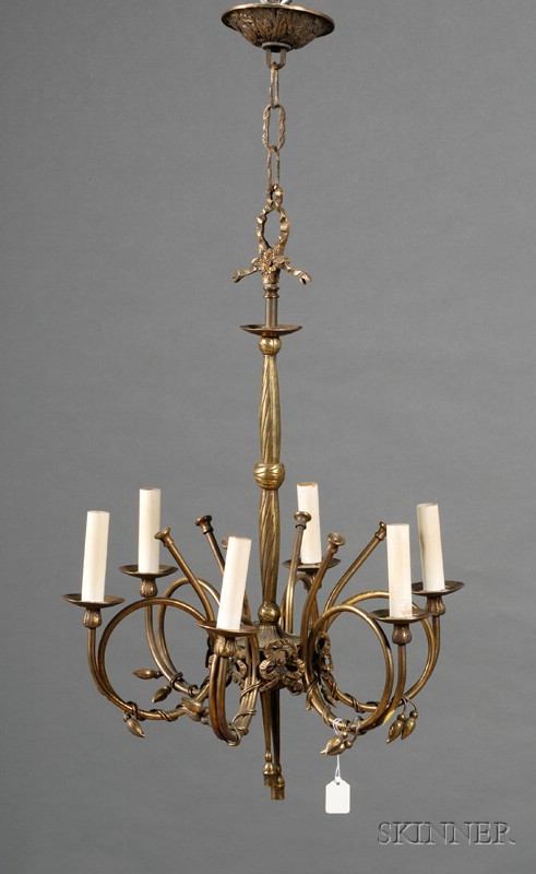 Appraisal: Victorian Brass Six-light Chandelier early th century the stem formed