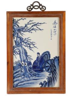 Appraisal: Chinese Blue White Porcelain Plaque Framed Chinese porcelain blue and