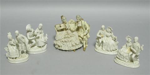 Appraisal: FIVE GERMAN FIGURE GROUPS Two Rudolstadt two Sitzendorf one Willi