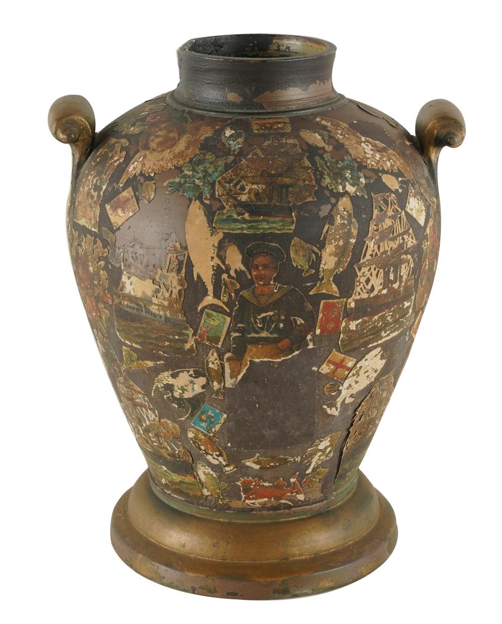 Appraisal: DECOUPAGED CERAMIC URNProvenance The Jim Belushi Collection a Michael Smith