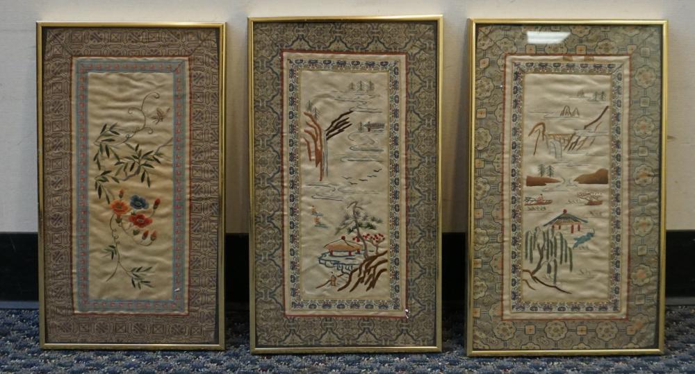 Appraisal: Set of Three Chinese Silk Embroidered Panels Each Frame x