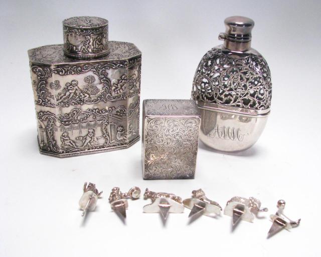 Appraisal: Three antique silver items including German silver embossed tea caddy