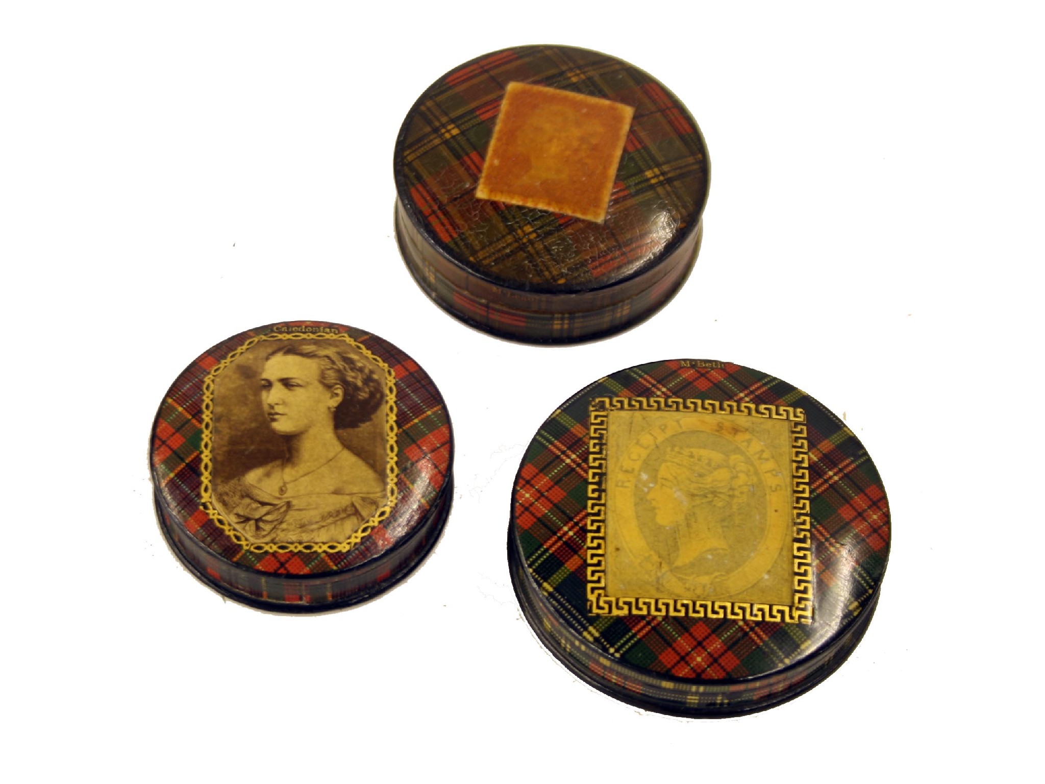 Appraisal: Tartan ware - Calendonian circular stamp box depicting a portrait