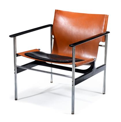 Appraisal: Leather and tubular steel sling arm chair charles pollock for