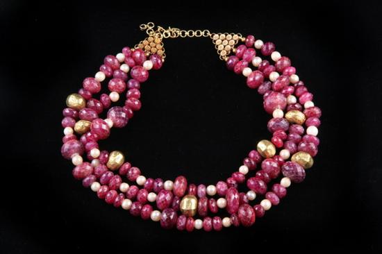 Appraisal: RUBY AND CULTURED PEARL TRIPLE-STAND CHOKER Three graduated strands of