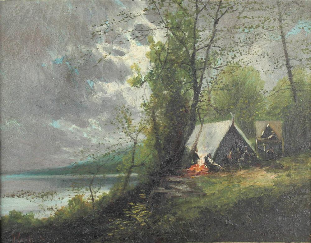 Appraisal: AMERICAN SCHOOL TH TH CENTURY CAMPERS BY A LAKE Oil