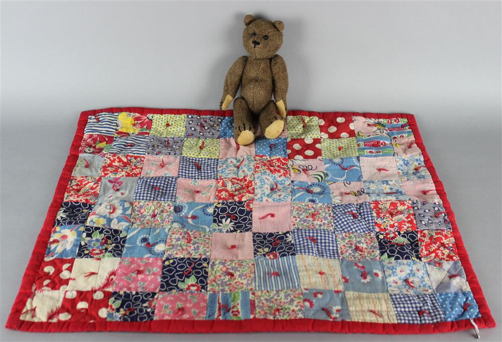 Appraisal: 'S DOLL QUILT AND MOHAIR TEDDY BEAR the doll quilt