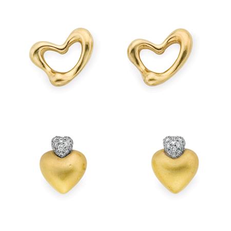 Appraisal: Pair of Gold Heart Earclips and Pair of Gold Platinum