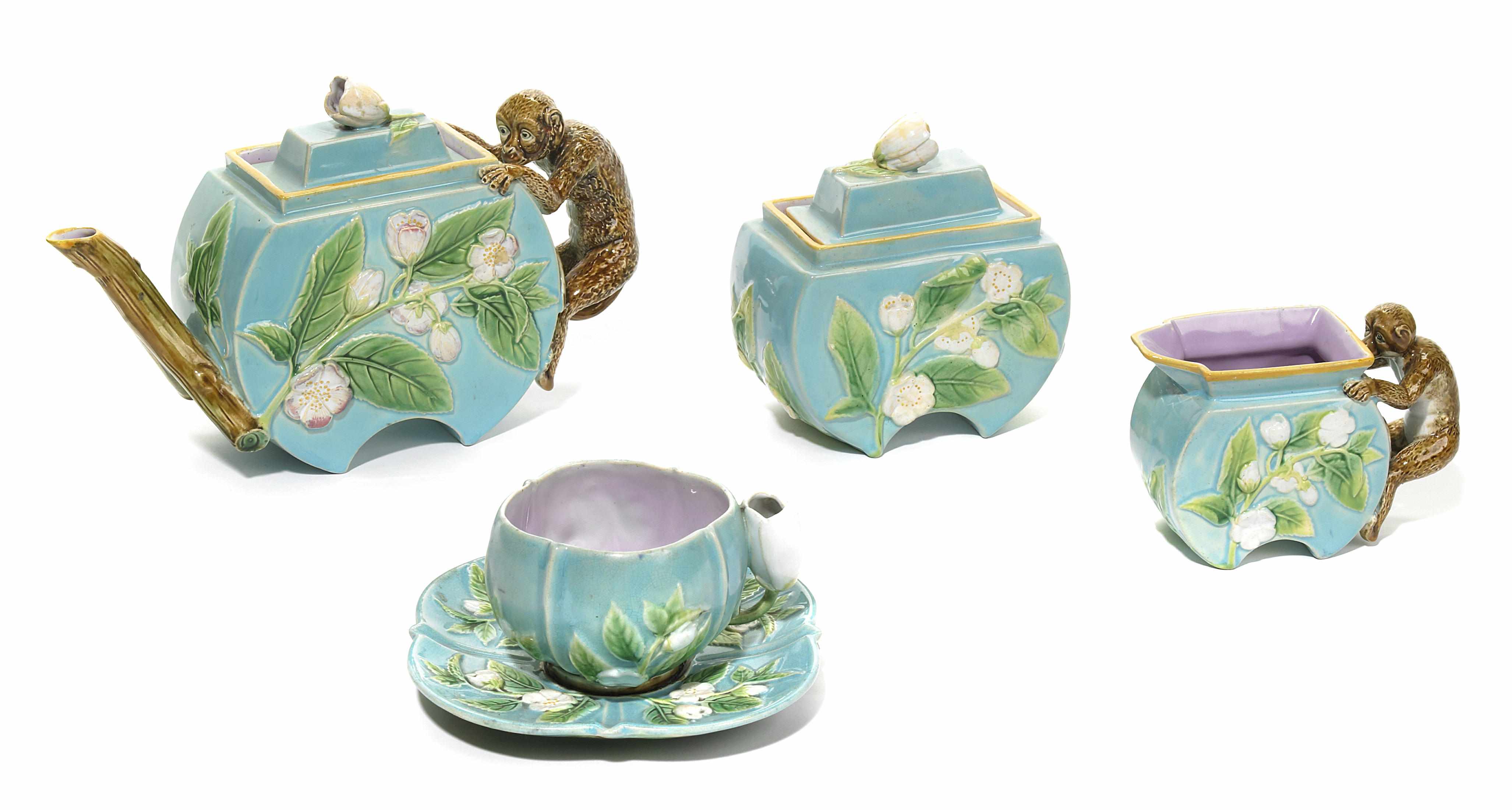 Appraisal: A George Jones majolica 'monkey' tea set circa Comprising teapot