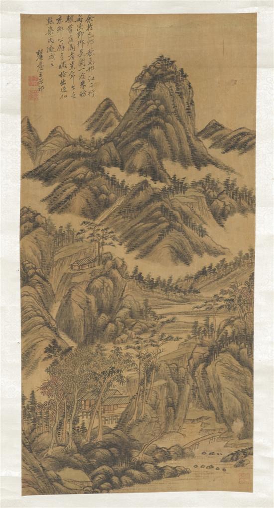 Appraisal: Group of three Chinese painted scrolls Mountain landscape Signed Wang