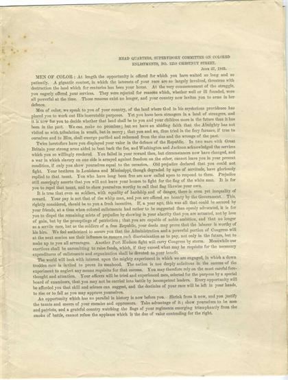 Appraisal: piece Printed Leaflet Supervisory Committee on Colored Enlistments Philadelphia Chestnut