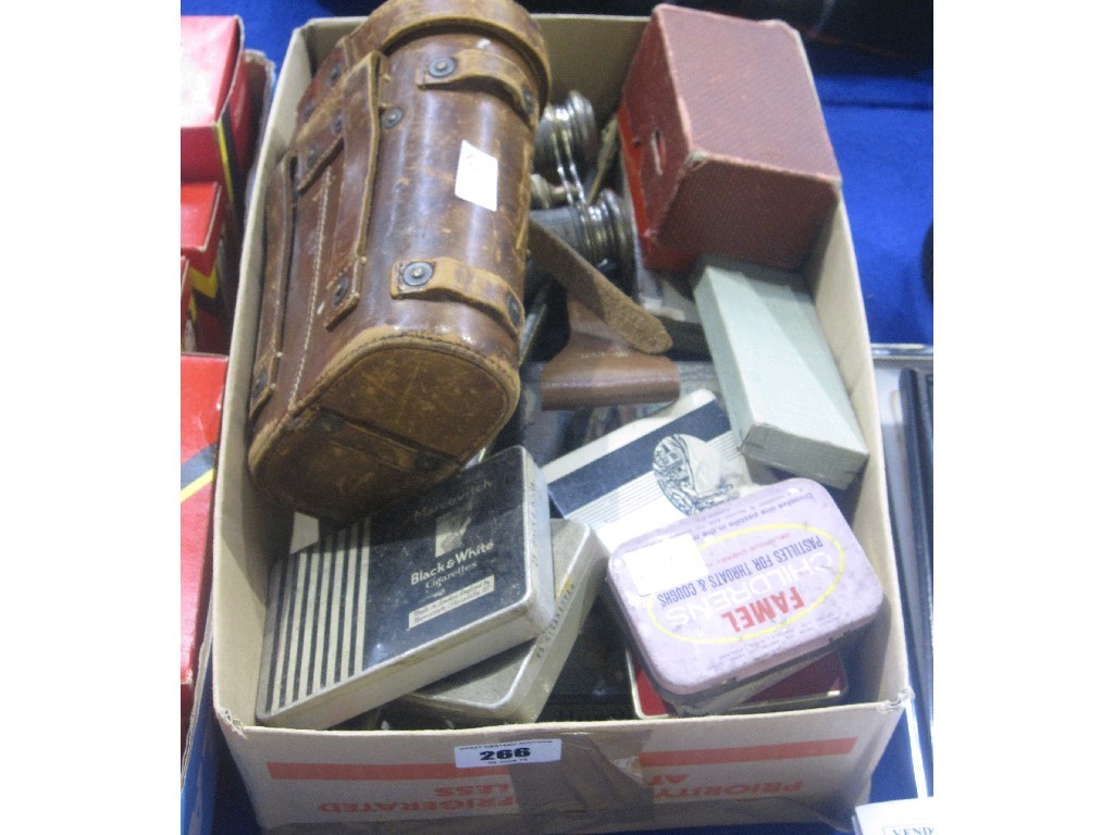 Appraisal: Box of miscellania - binoculars old tins etc