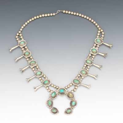 Appraisal: A Silver and Turquoise Squash Necklace Stamped Navajo Traditionally styled