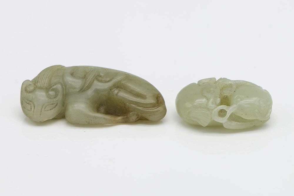 Appraisal: TWO JADE CARVINGS one mystical beast one toad well worked