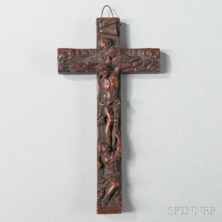 Appraisal: Continental Carved Walnut Reliquary Crucifix the carved crucifixion of Christ