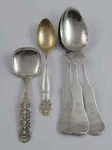 Appraisal: Four American silver spoons marked and a Scandinavian caddy spoon