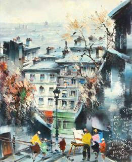 Appraisal: PAIR OF PARIS STREET SCENE PAINTINGS CIRCA A PAIR OF