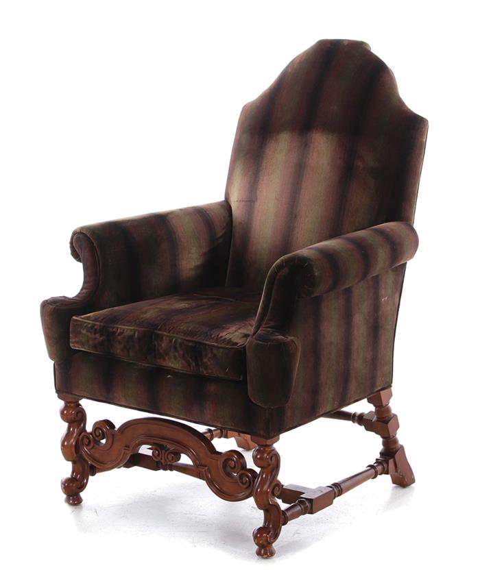 Appraisal: Baker Jacobean style upholstered walnut wingback chair BH SH W