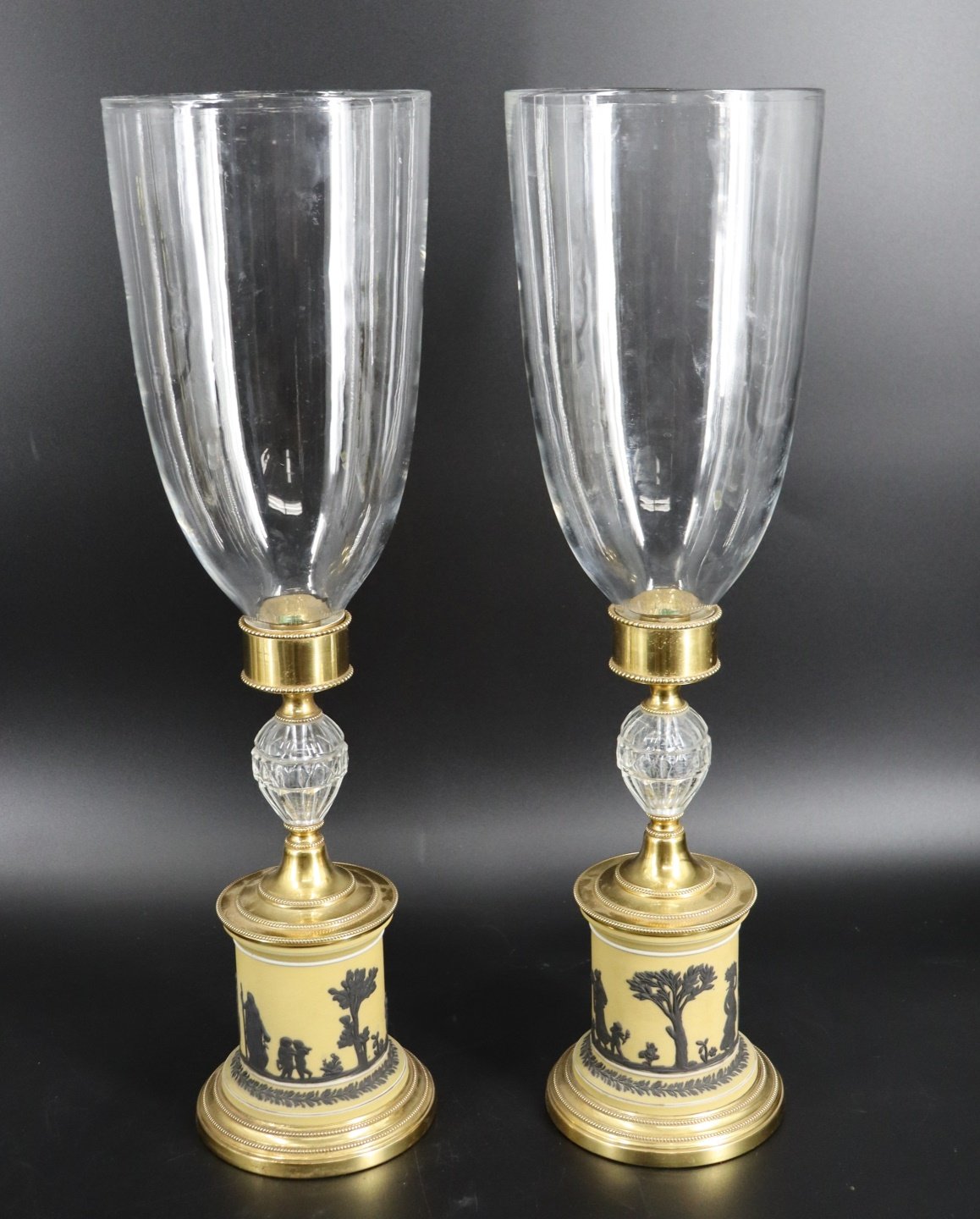 Appraisal: A Pair of Wedgwood Style Hurricane Lamps With Wedgwood style