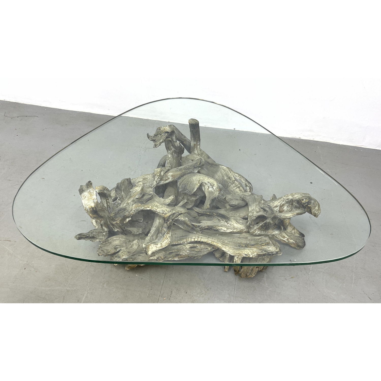 Appraisal: Natural Organic Driftwood Coffee Table Paint Finish Triangular Thick Glass