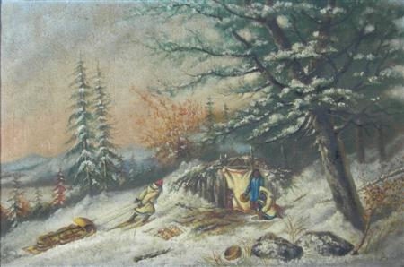 Appraisal: MANNER OF CORNELIUS KRIEGHOFF WINTER SCENE INDIAN CAMP Oil on