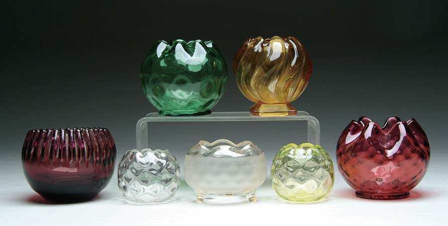 Appraisal: SEVEN ROSE BOWLS Five colored crystal rose bowls a Pomona