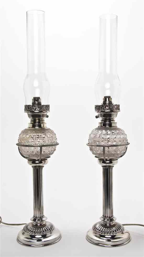 Appraisal: A Pair of English Silverplate and Cut Glass Oil Lamps