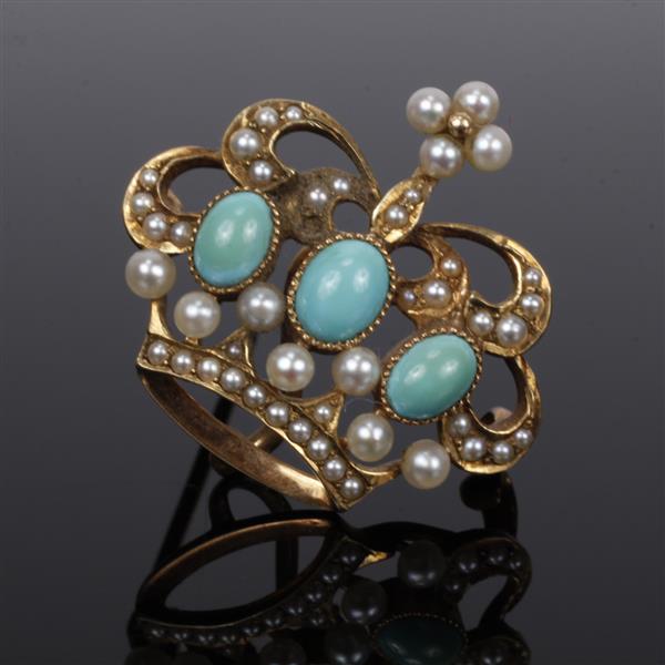 Appraisal: Antique Gold Turquoise Pearl Crown Brooch Pin Pendant dwt