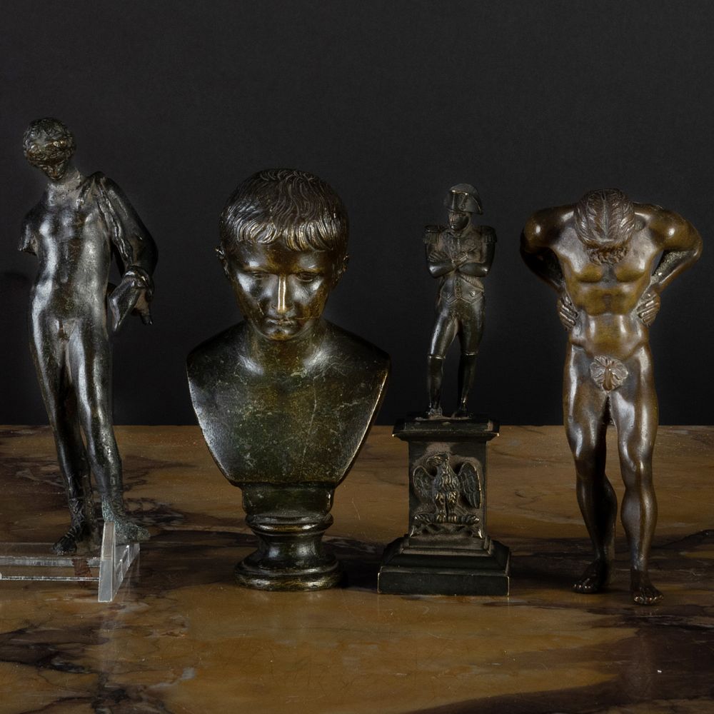 Appraisal: Four Small Bronze Figural Table Articles Comprising Bust of a