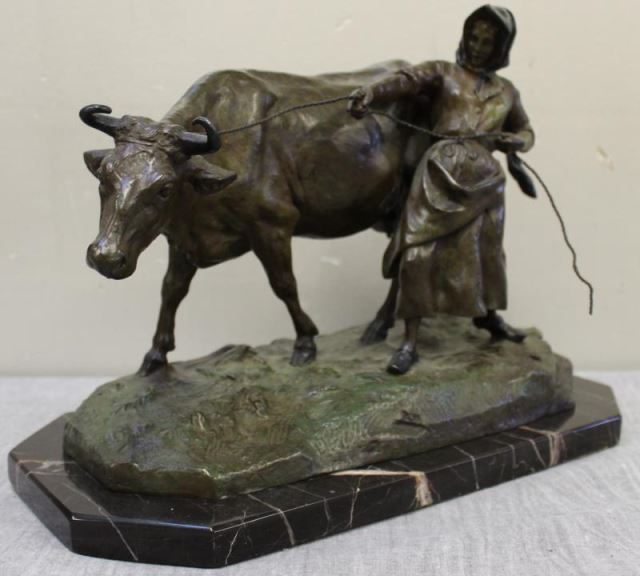 Appraisal: VALTON Charles Patinated Bronze Sculpture ofa Woman and a Cow