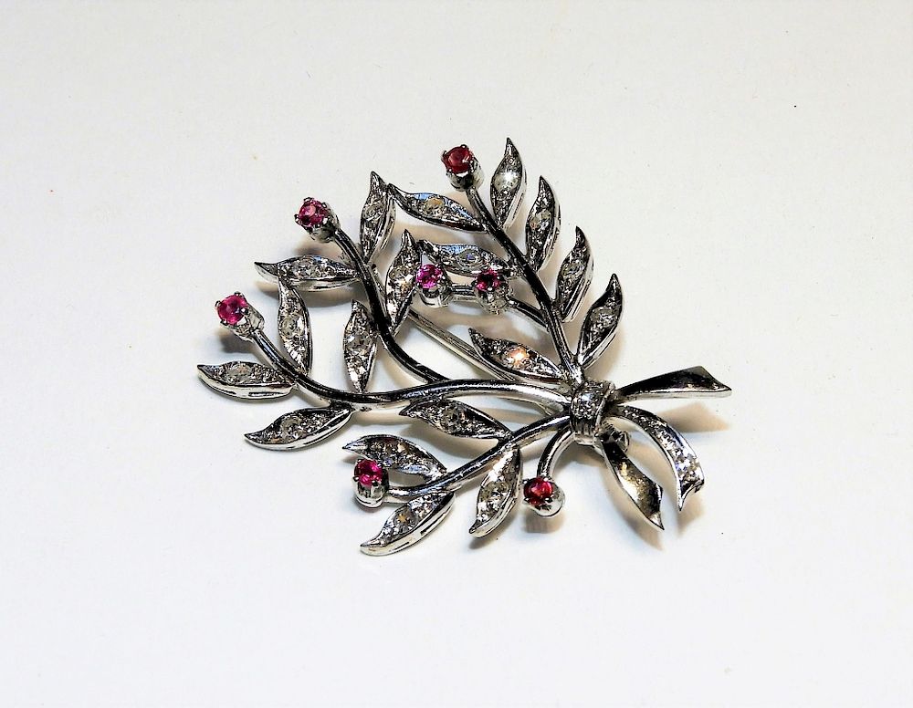 Appraisal: KT Gold Diamond Ruby Botanical Spray Brooch Unknown th century