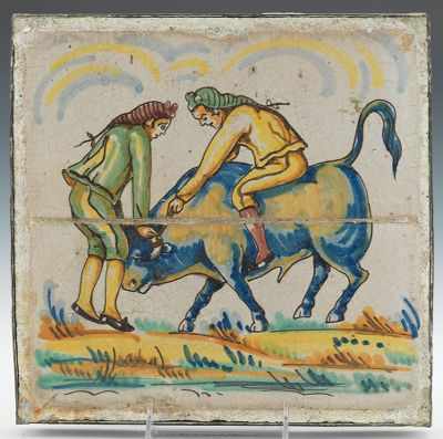 Appraisal: Pictorial Italian Tile of Two Men a Bull Glazed tile