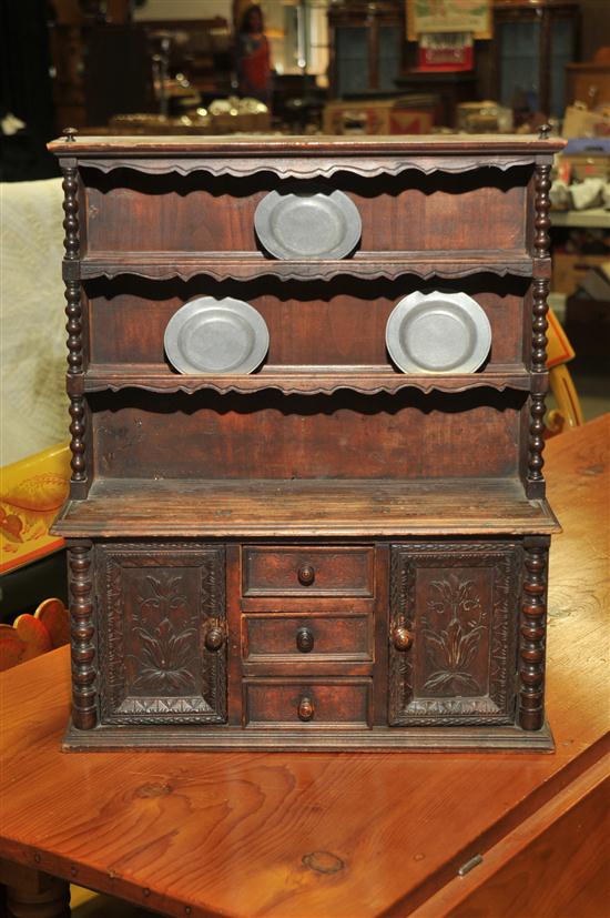 Appraisal: TWO PIECE MINIATURE PEWTER CUPBOARD Probably American late th-early th