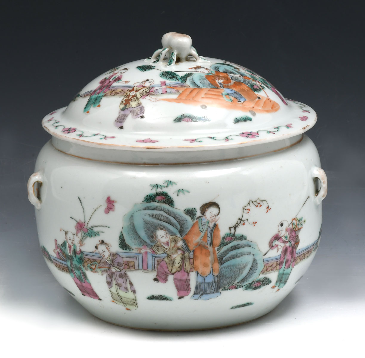 Appraisal: COVERED CHINESE FAMILLE ROSE JAR Polychrome lidded jar having figural