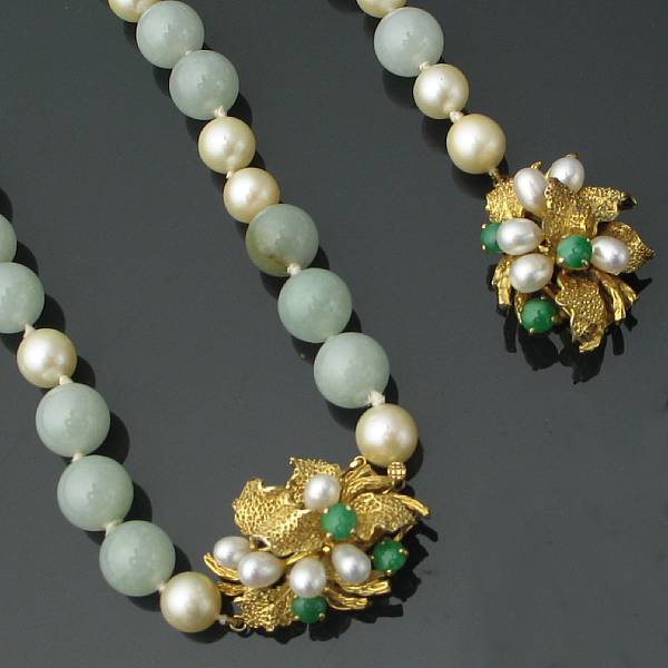 Appraisal: A collection of cultured pearl jade and gold jewelry comprising