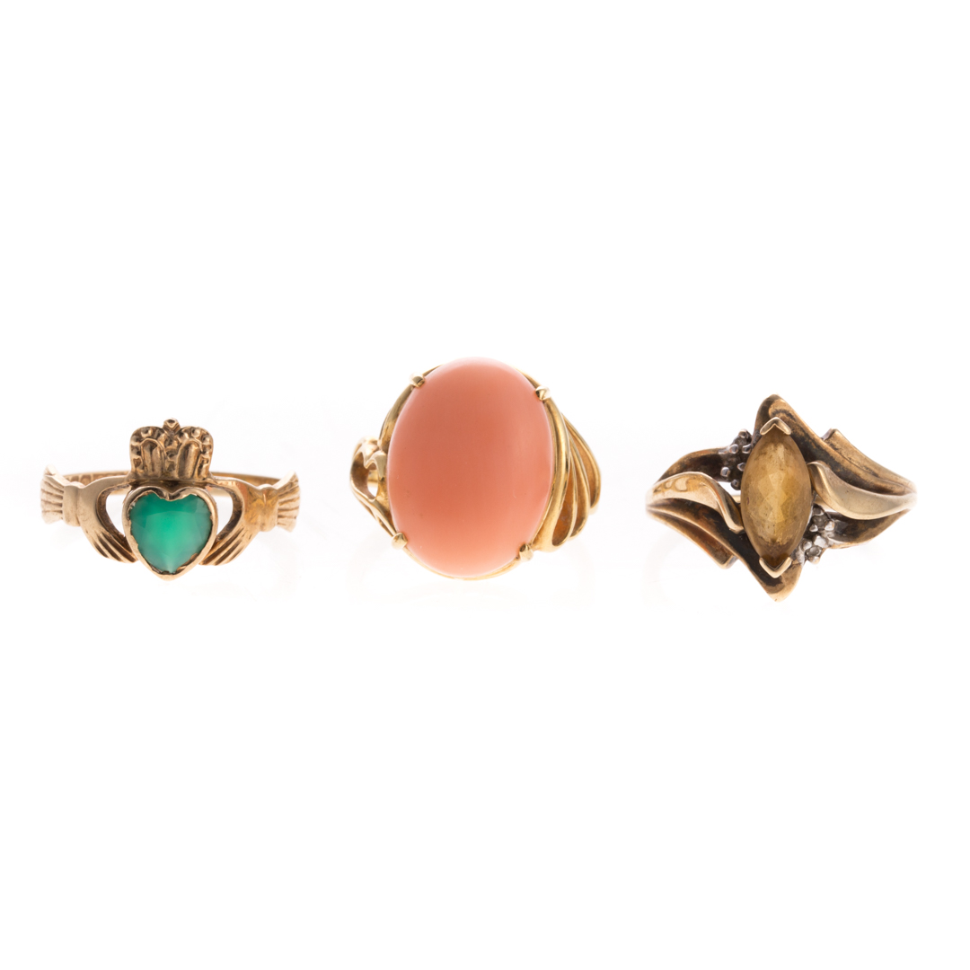 Appraisal: A Trio of Lady's Gemstone Rings in Gold K yellow