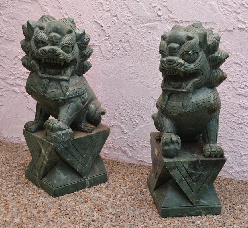 Appraisal: PAIR OF CARVED SOAPSTONE TEMPLE LIONS Each measures '' h