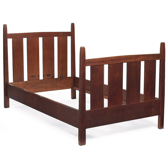 Appraisal: Gustav Stickley bed similar to three-quarter size with peaked top