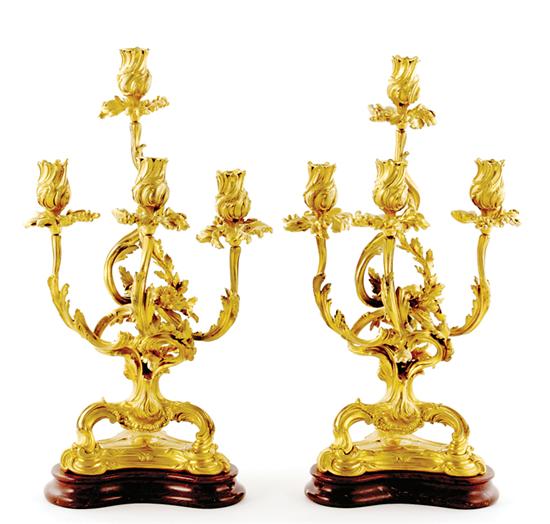 Appraisal: Fine pair Louis XV bronze-dore candelabra late th century trefoil