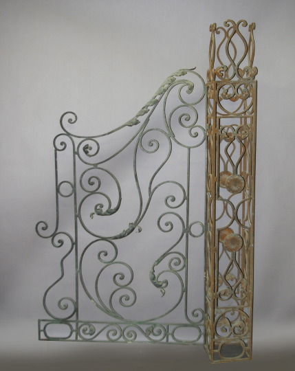 Appraisal: Ornate Mediterranean-Style Wrought-Iron Garden Gate and Column the scrolling ironwork