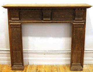 Appraisal: Carved Oak Fireplace Mantel Ornately decorated with reeded flat columns