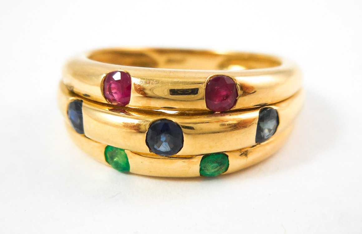 Appraisal: RUBY EMERALD SAPPHIRE AND YELLOW GOLD RING The k gold