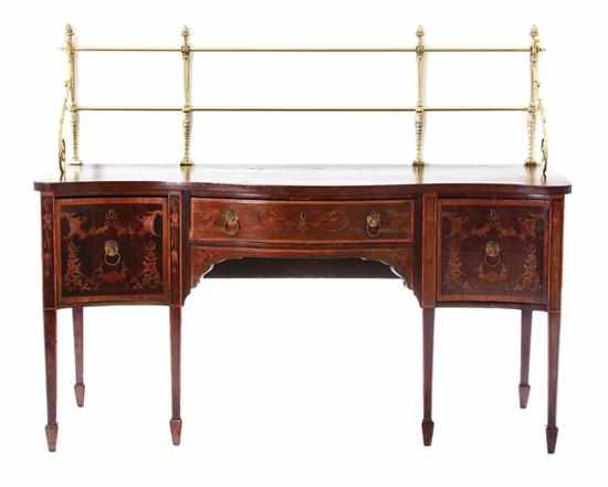 Appraisal: George III style marquetry-inlaid mahogany serpentine sideboard mid- th century