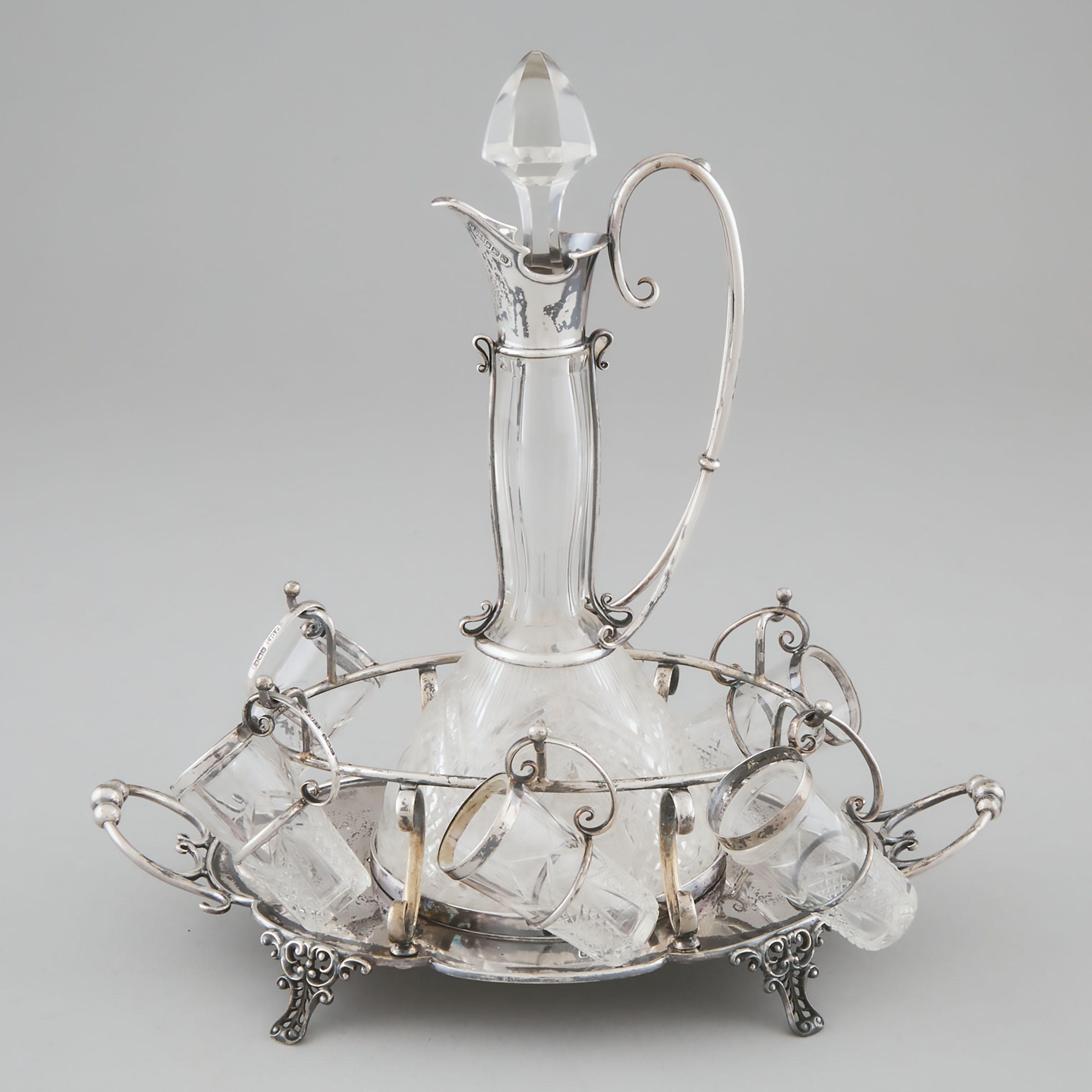 Appraisal: Edwardian Silver and Cut Glass Liqueur Set James Dixon Sons